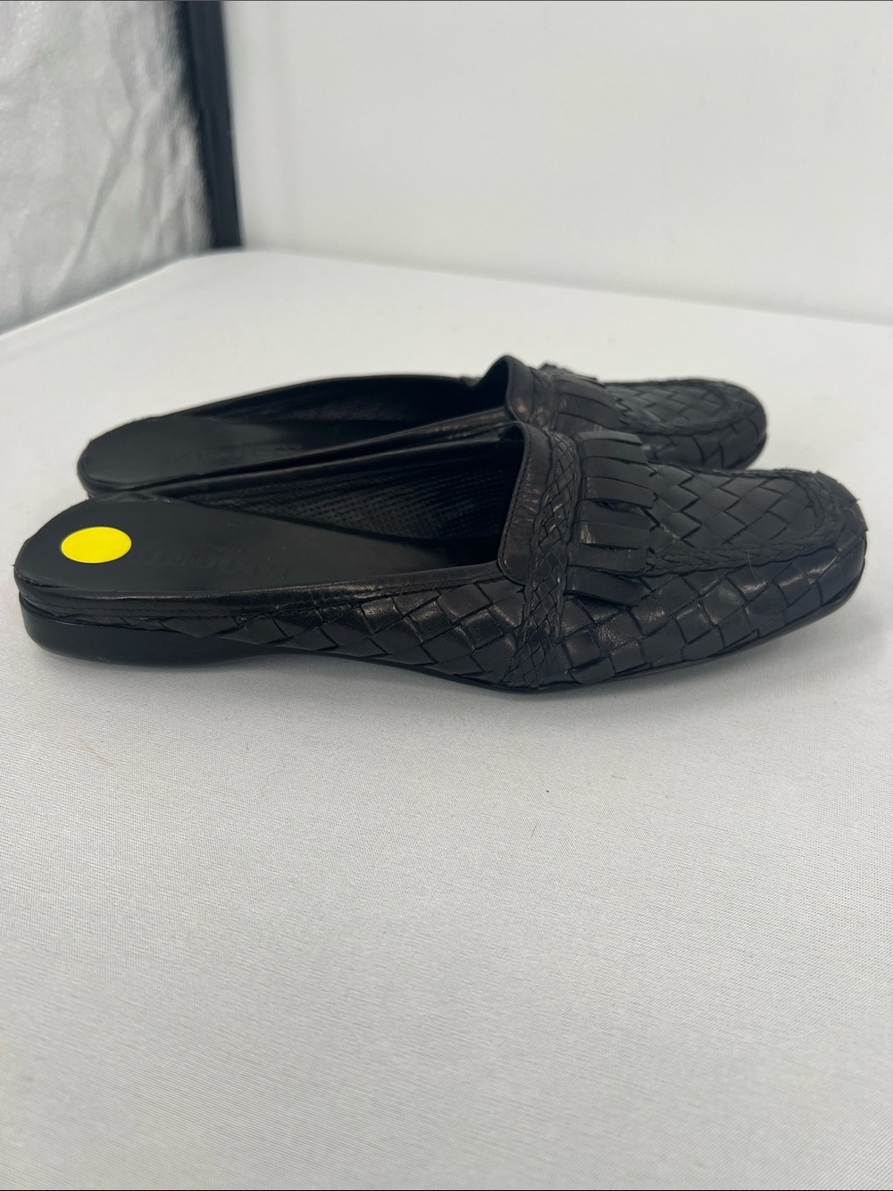 Sesto Meucci Black Woven Leather Fringe Mules - Picture 2 of 6